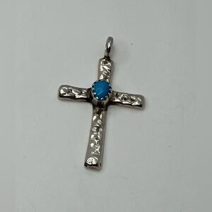 Vtg Navajo Sterling Silver & Turquoise Cabochon Crude Cross Pendant | 1” L